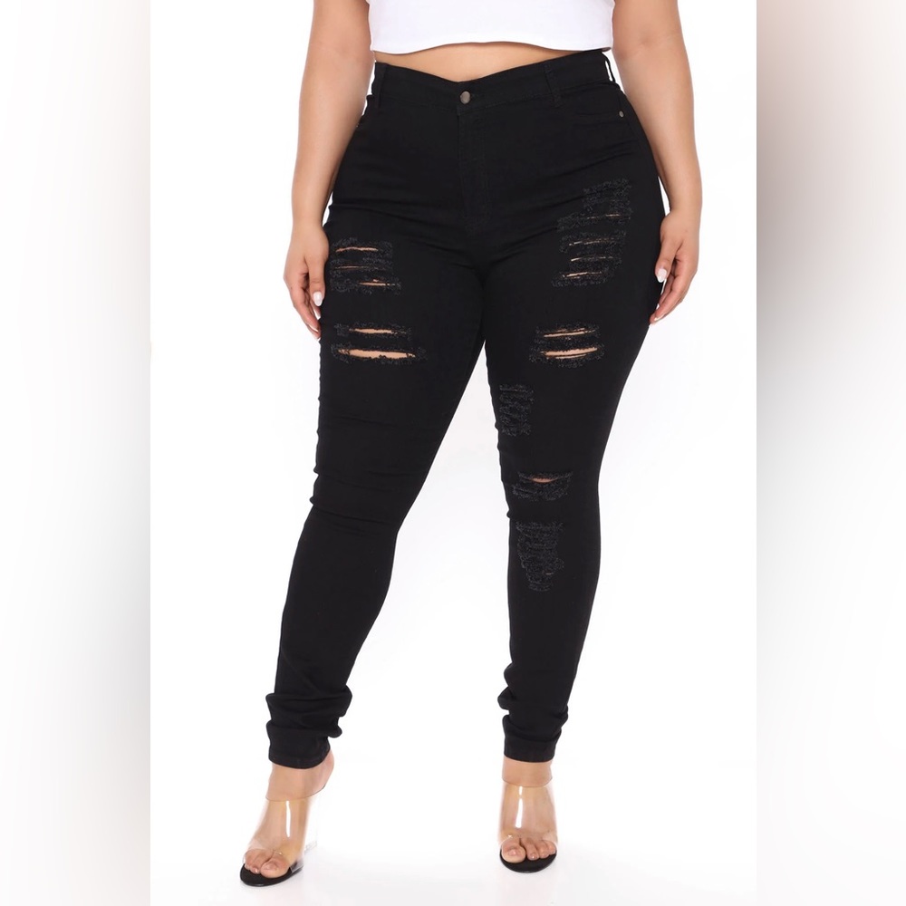 Fashion Nova Size 20 Curvy Black Distressed High Rise Skinny Jeans Stretch - Picture 3 of 10